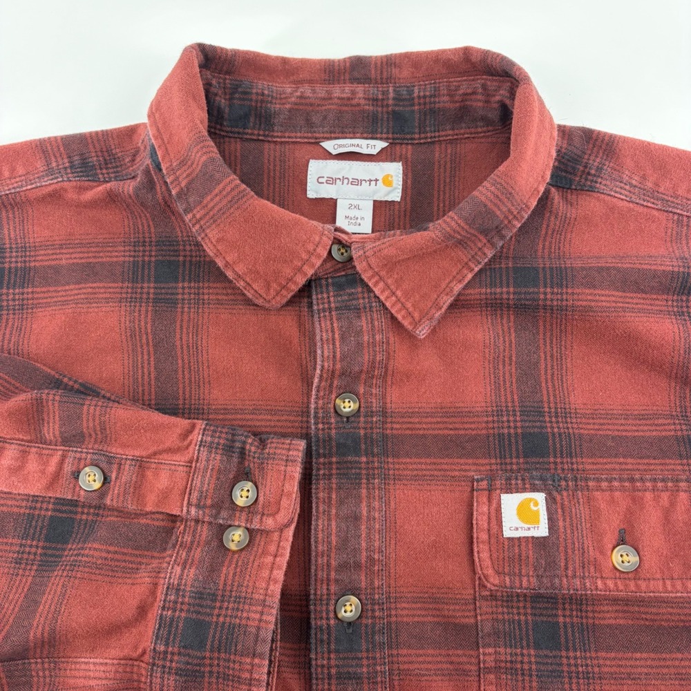 Carhartt Mens 2XL Original Fit Plaid Flannel Button Down Shirt Red Black Long Sl